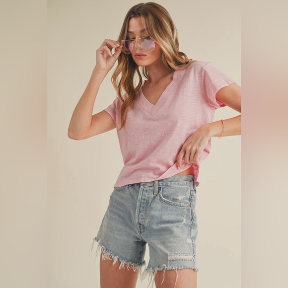 AEMI+CO Tops - Classic V-Neck Short Sleeve Tee in Pink